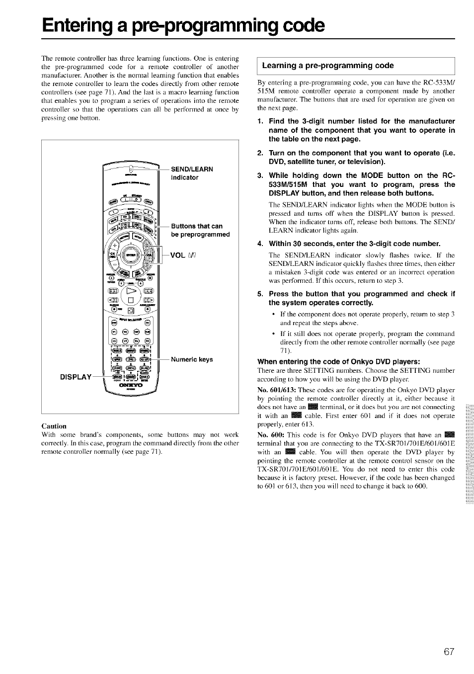 Entering a pre-programming code, Caution | Onkyo TX-SR601 User Manual | Page 67 / 80