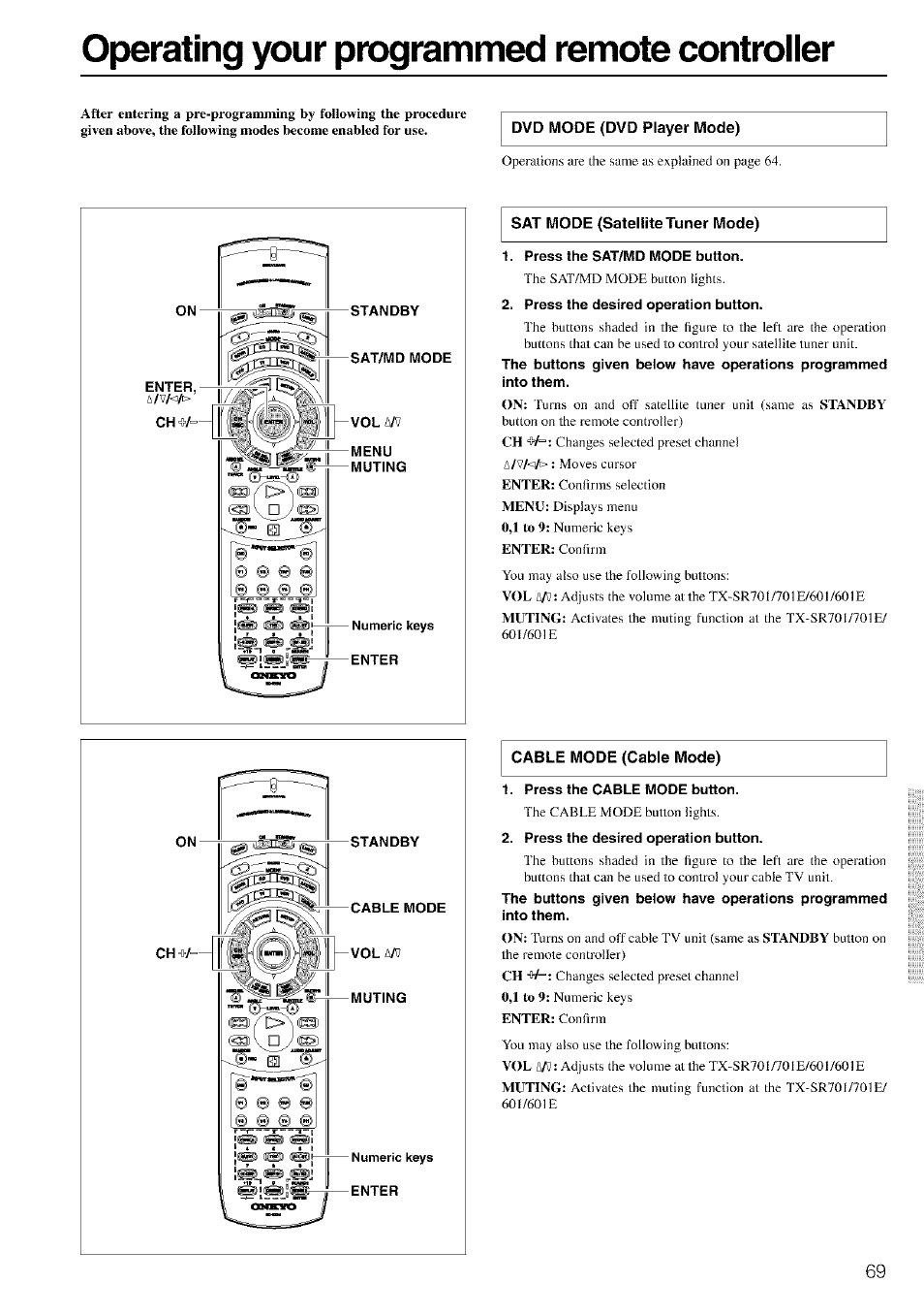 Operating your programmed remote controller, Press the sat/md mode button, Press the desired operation button | Cable mode (cable mode), Press the cable mode button | Onkyo TX-SR601 User Manual | Page 69 / 80