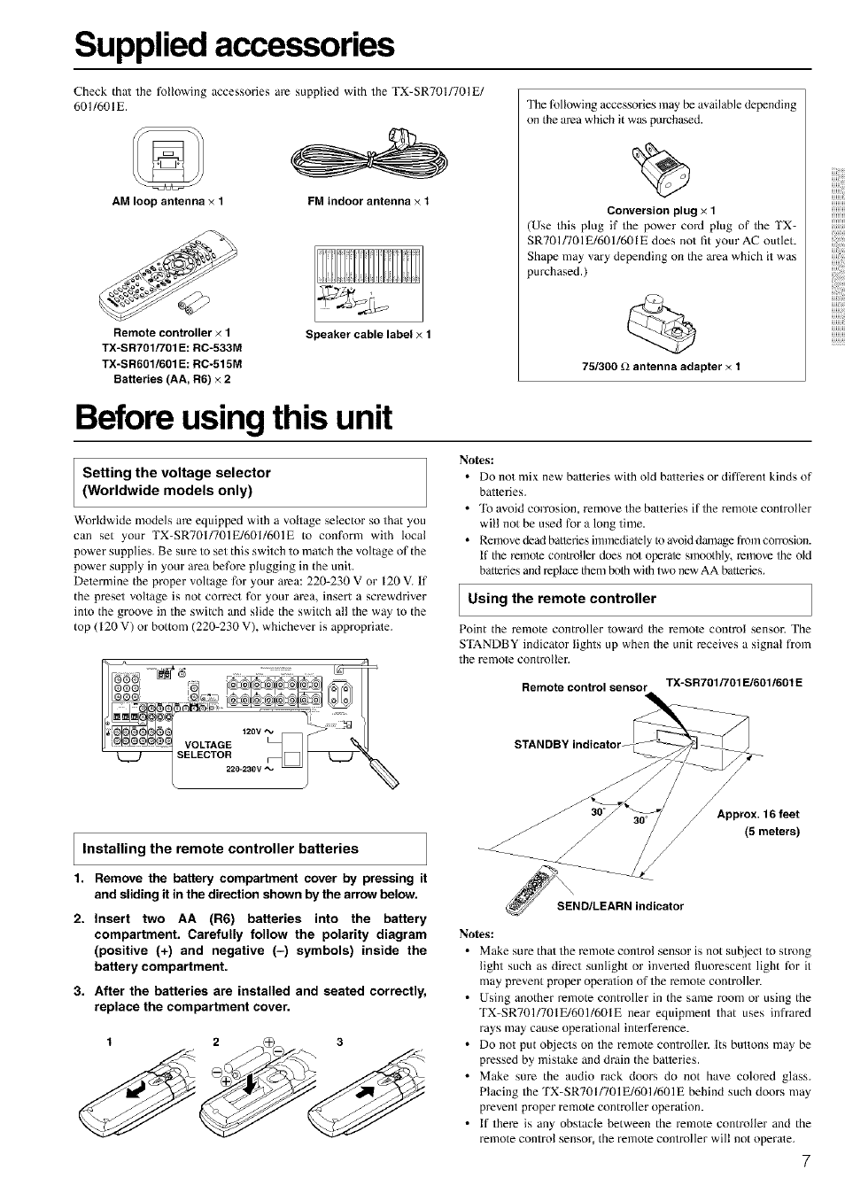 Supplied acœssories, Speaker cable label x 1, Conversion plug x 1 | 75/300antenna adapter x 1, Before using this unit, Installing the remote controller batteries, Notes, Supplied accessories | Onkyo TX-SR601 User Manual | Page 7 / 80