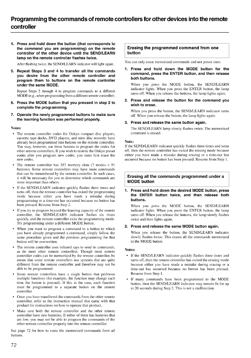 Erasing the programmed command from one button, Erasing ail the commands programmed under a, Mode button | Erasing all the commands programmed under a mode, Button | Onkyo TX-SR601 User Manual | Page 72 / 80