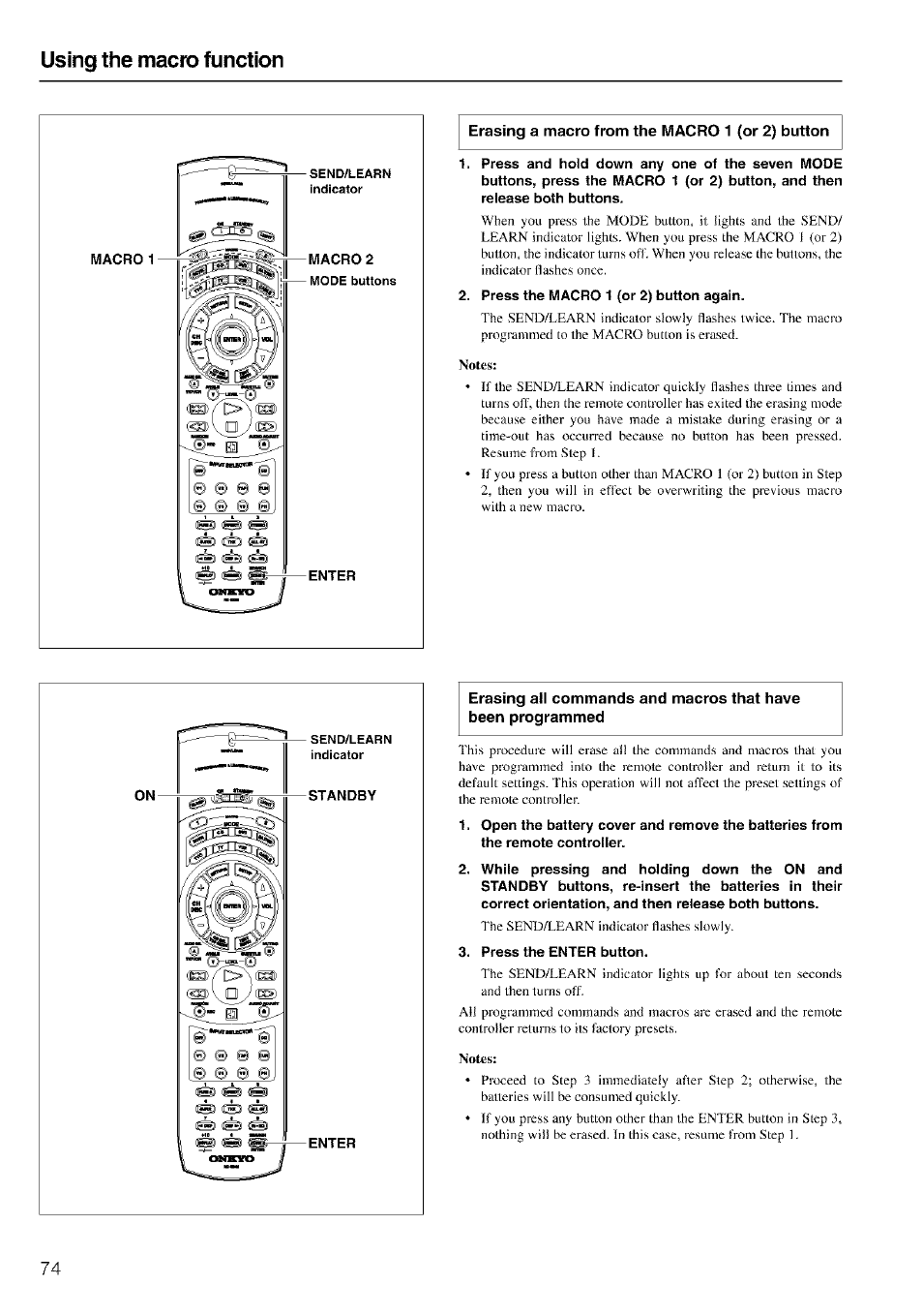 Using the macro function, Erasing a macro from the macro 1 (or 2) button, Notes | Erasing a macro from the m acro 1 (or 2) button | Onkyo TX-SR601 User Manual | Page 74 / 80