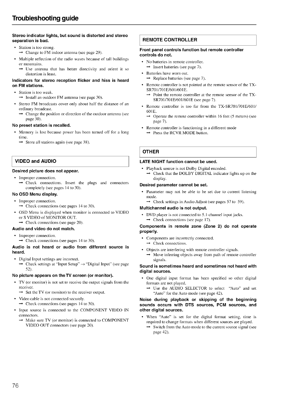 Troubleshooting guide, Other | Onkyo TX-SR601 User Manual | Page 76 / 80