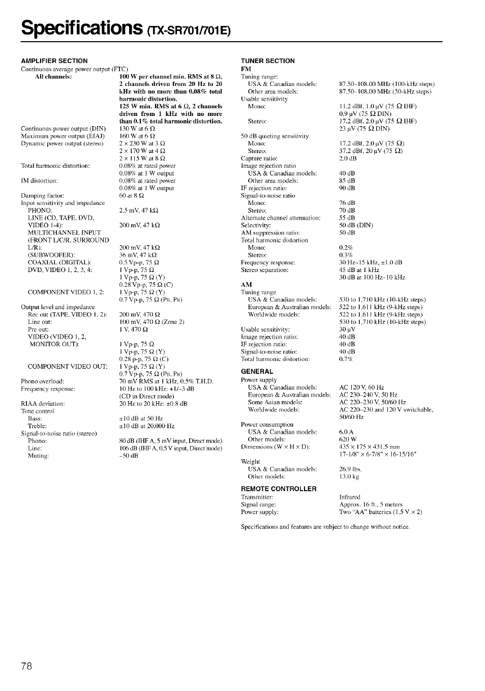 Specifications, Srtoi, Toie | Onkyo TX-SR601 User Manual | Page 78 / 80