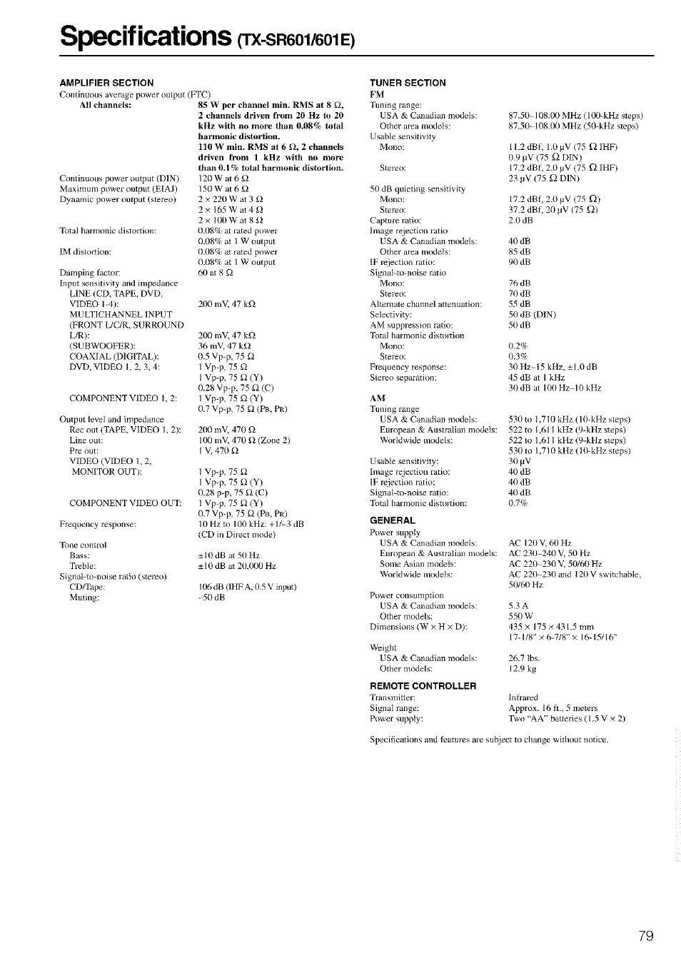 Specifications | Onkyo TX-SR601 User Manual | Page 79 / 80