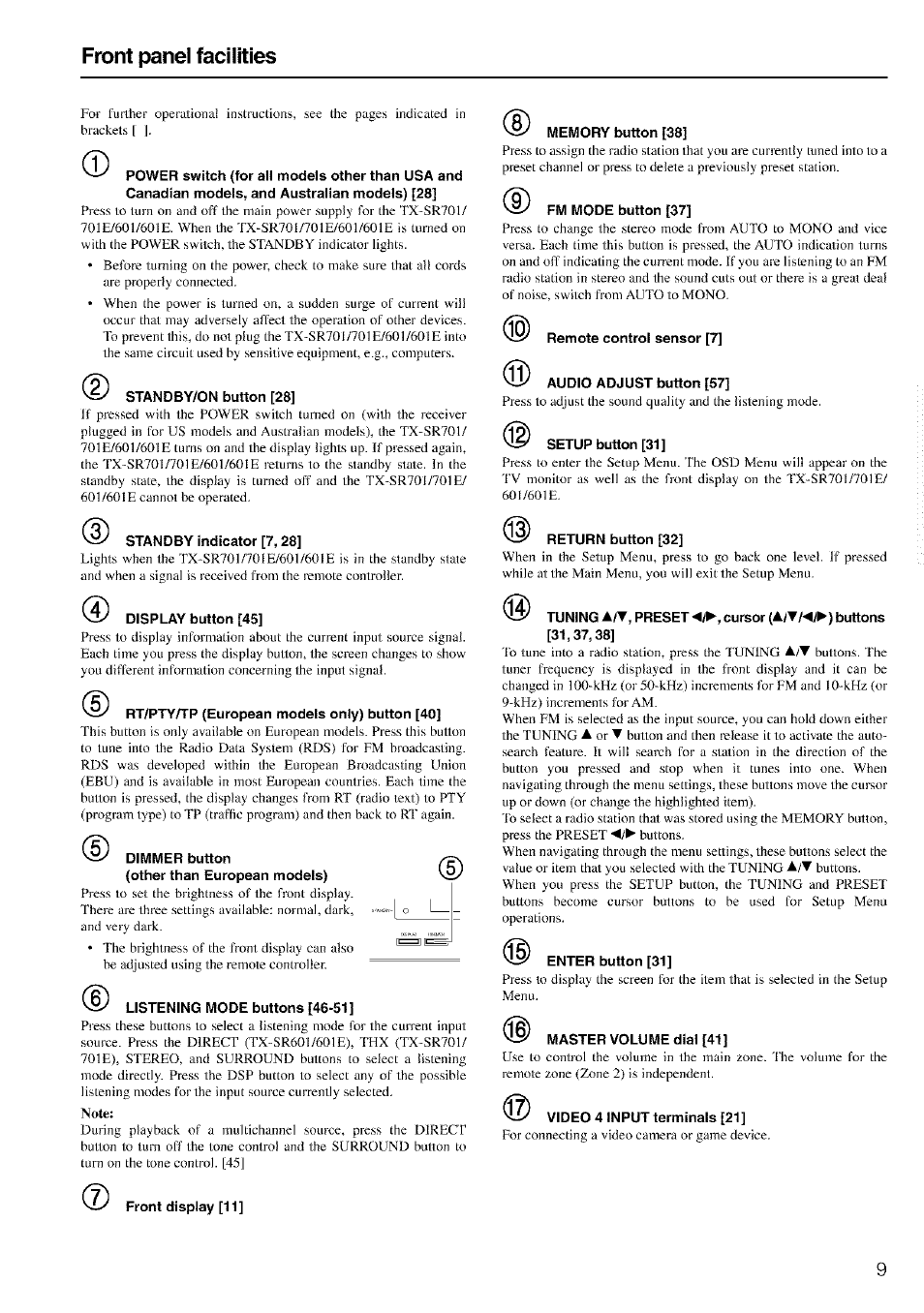 Standby/on button [28, Standby indicator [7,28, Display button [45 | Rt/pty/tp (european models only) button [40, Dimmer button (other than european models), Listening mode buttons [46-51, Memory button [38, Fm mode button [37, Audio adjust button [57, Setup button [31 | Onkyo TX-SR601 User Manual | Page 9 / 80