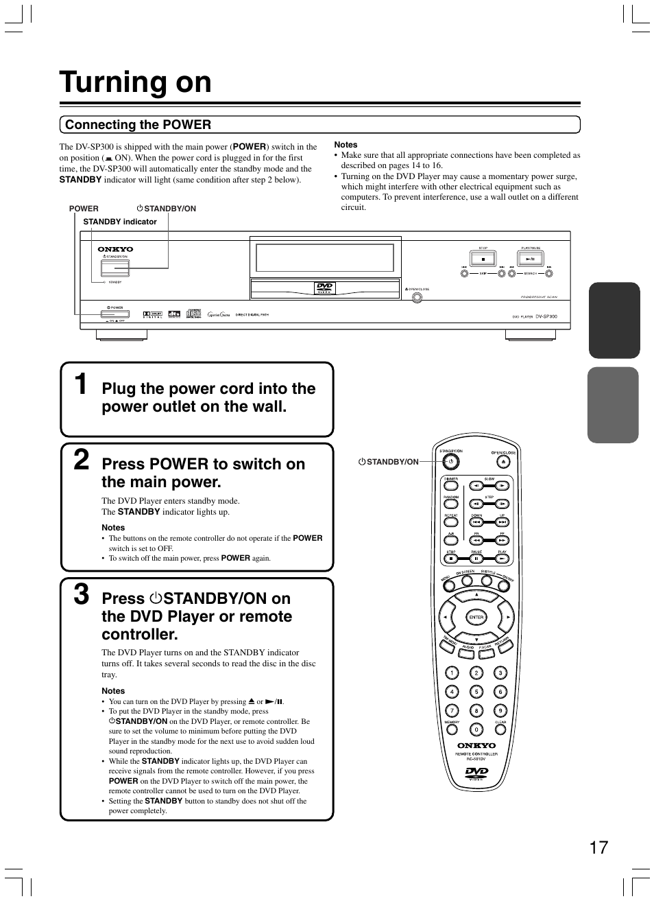 Turning on 2, Press power to switch on the main power | Onkyo DV-SP300 User Manual | Page 17 / 40