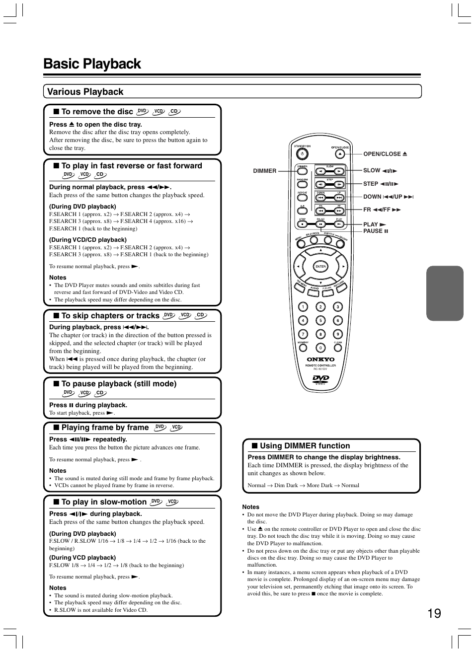 Basic playback, Various playback | Onkyo DV-SP300 User Manual | Page 19 / 40