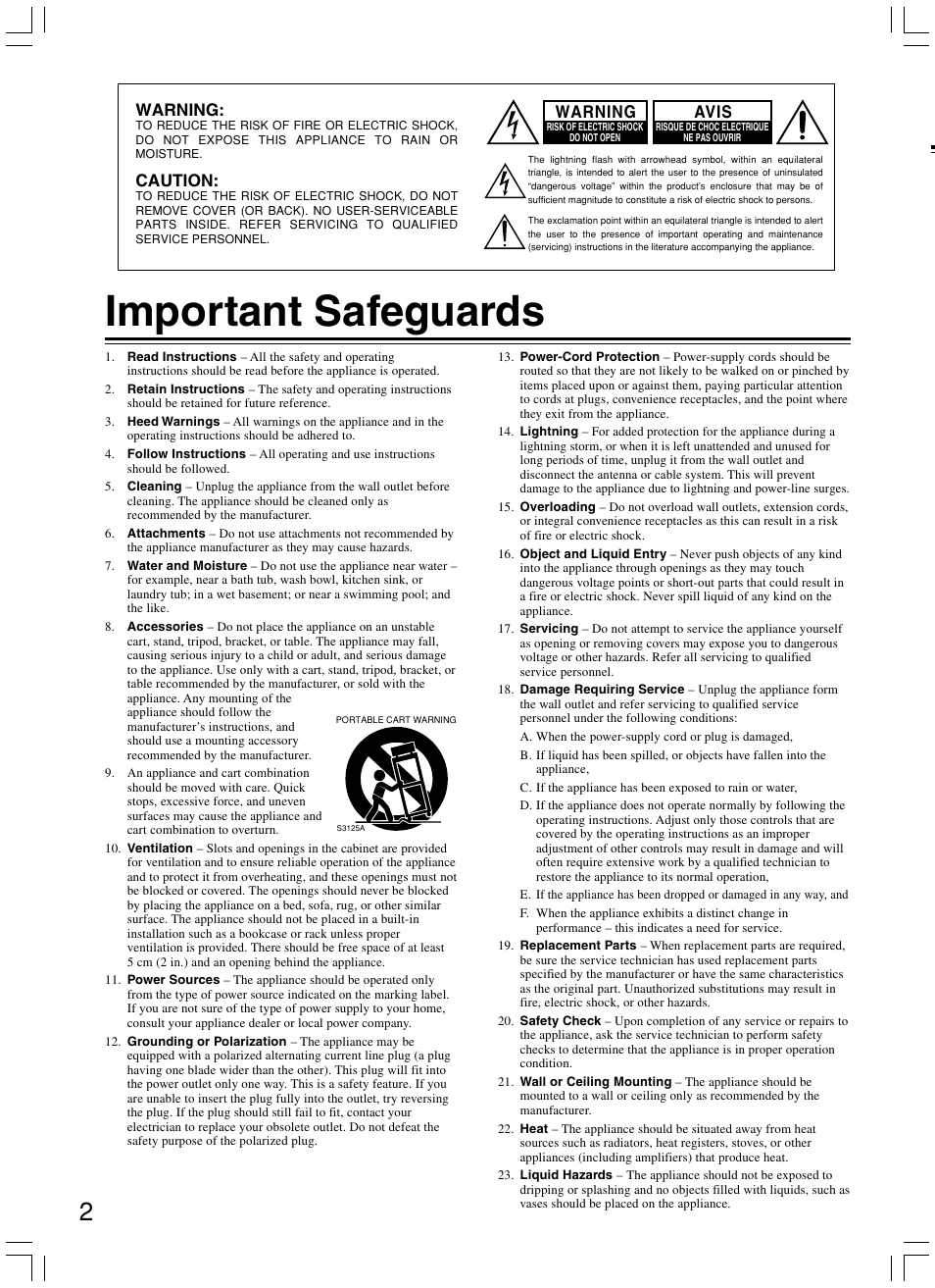 Important safeguards, Warning, Caution | Avis | Onkyo DV-SP300 User Manual | Page 2 / 40