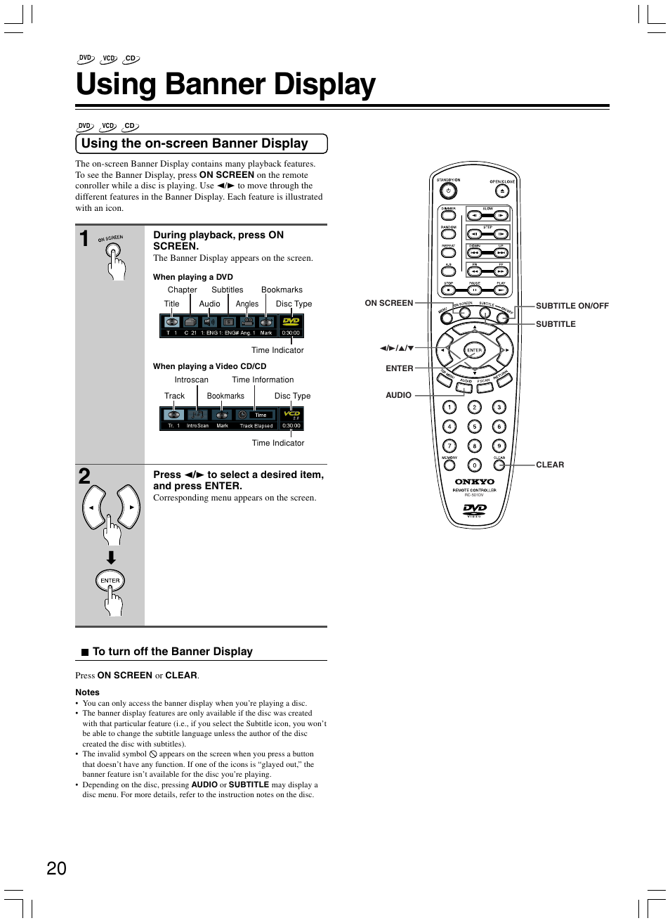 Using banner display, Using the on-screen banner display | Onkyo DV-SP300 User Manual | Page 20 / 40