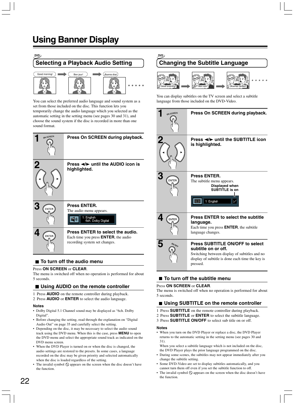 Using banner display | Onkyo DV-SP300 User Manual | Page 22 / 40