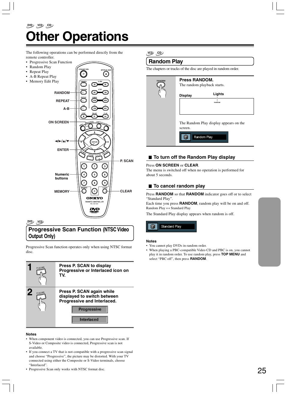 Other operations, Random play, Progressive scan function (ntsc video output only) | Onkyo DV-SP300 User Manual | Page 25 / 40