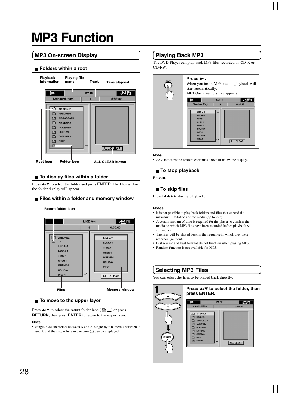 Mp3 function, Selecting mp3 files, Mp3 on-screen display | Playing back mp3 | Onkyo DV-SP300 User Manual | Page 28 / 40