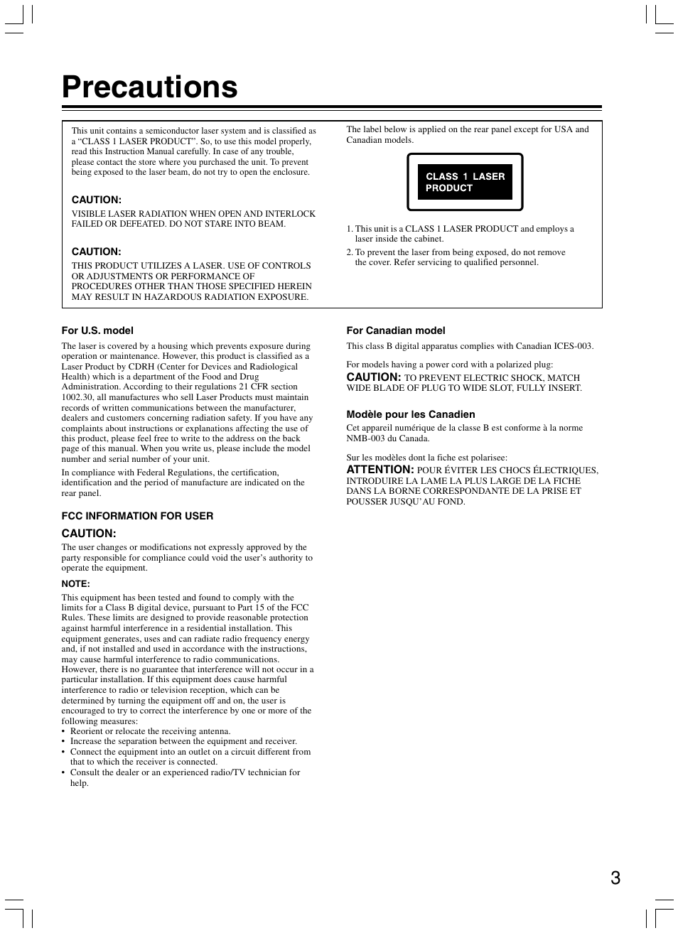Precautions | Onkyo DV-SP300 User Manual | Page 3 / 40