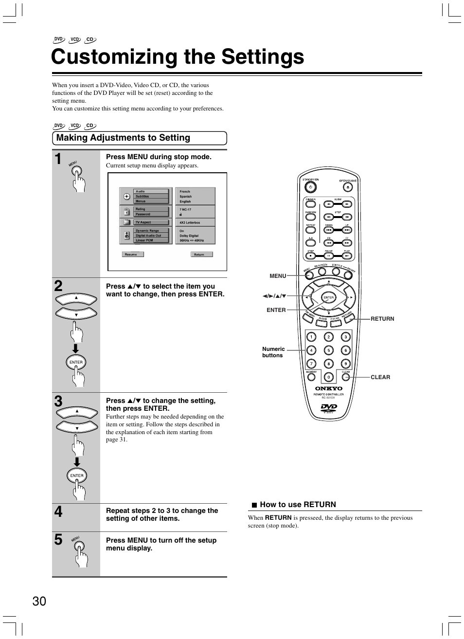 Customizing the settings | Onkyo DV-SP300 User Manual | Page 30 / 40