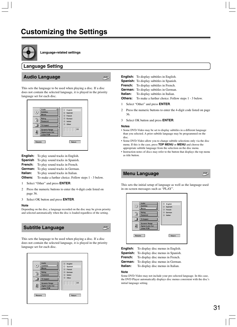 Customizing the settings, Audio language, Subtitle language | Menu language, Language setting | Onkyo DV-SP300 User Manual | Page 31 / 40