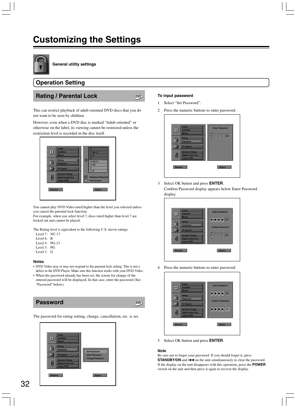 Customizing the settings, Rating / parental lock, Password | Operation setting | Onkyo DV-SP300 User Manual | Page 32 / 40