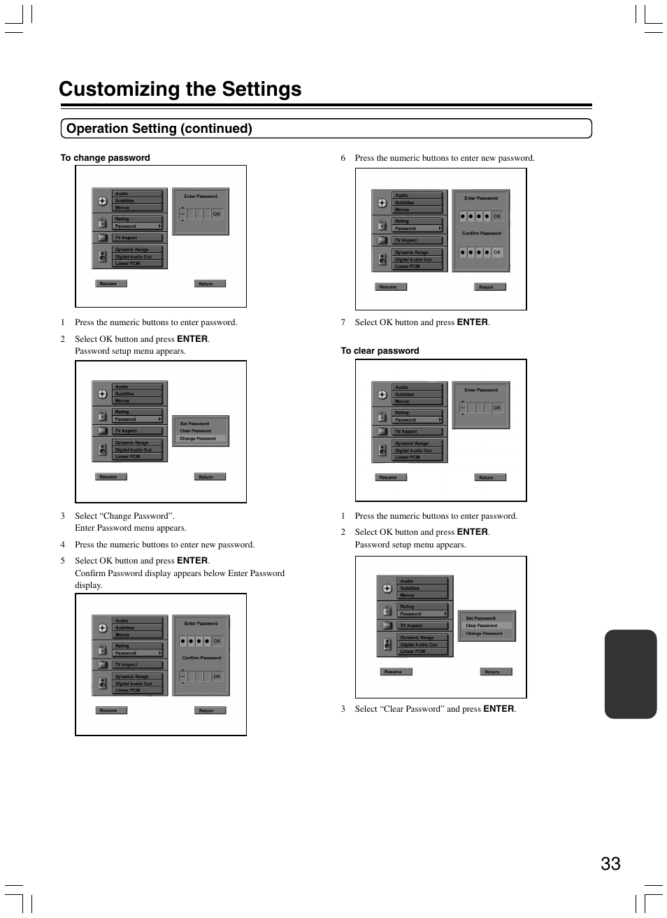Customizing the settings, Operation setting (continued) | Onkyo DV-SP300 User Manual | Page 33 / 40
