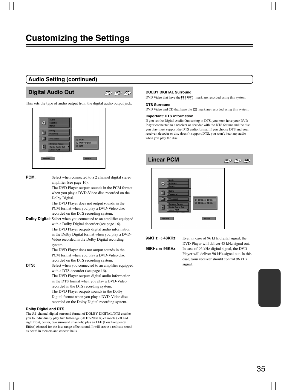 Customizing the settings, Digital audio out, Linear pcm | Audio setting (continued) | Onkyo DV-SP300 User Manual | Page 35 / 40