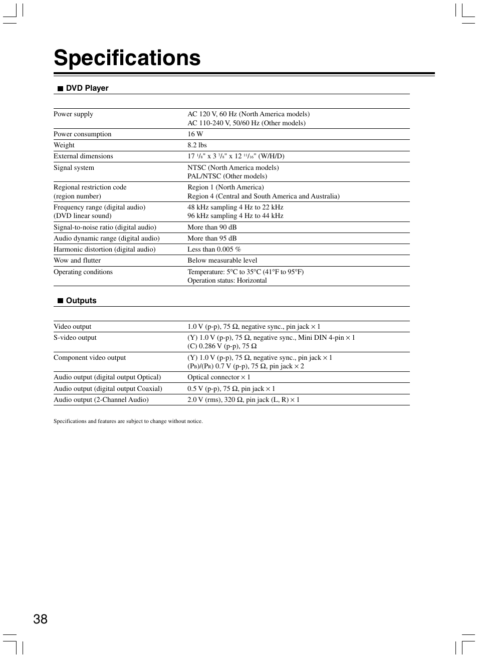 Specifications | Onkyo DV-SP300 User Manual | Page 38 / 40