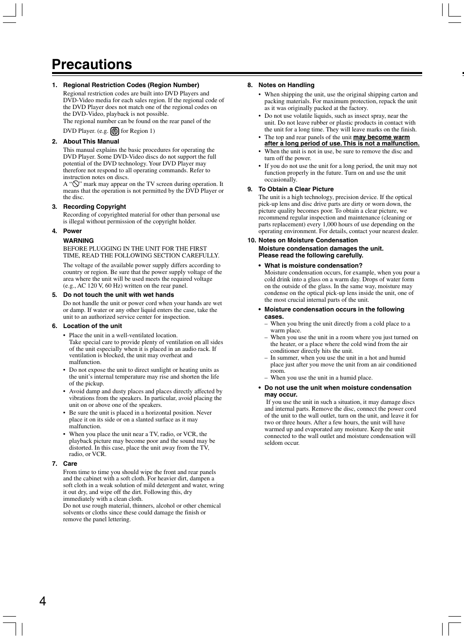 Precautions | Onkyo DV-SP300 User Manual | Page 4 / 40