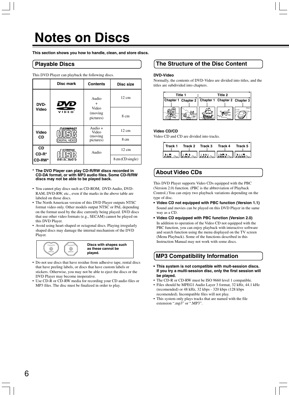 About video cds, Mp3 compatibility information, The structure of the disc content | Playable discs | Onkyo DV-SP300 User Manual | Page 6 / 40