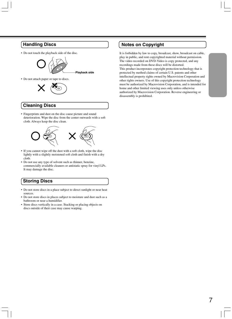 Handling discs, Cleaning discs, Storing discs | Onkyo DV-SP300 User Manual | Page 7 / 40