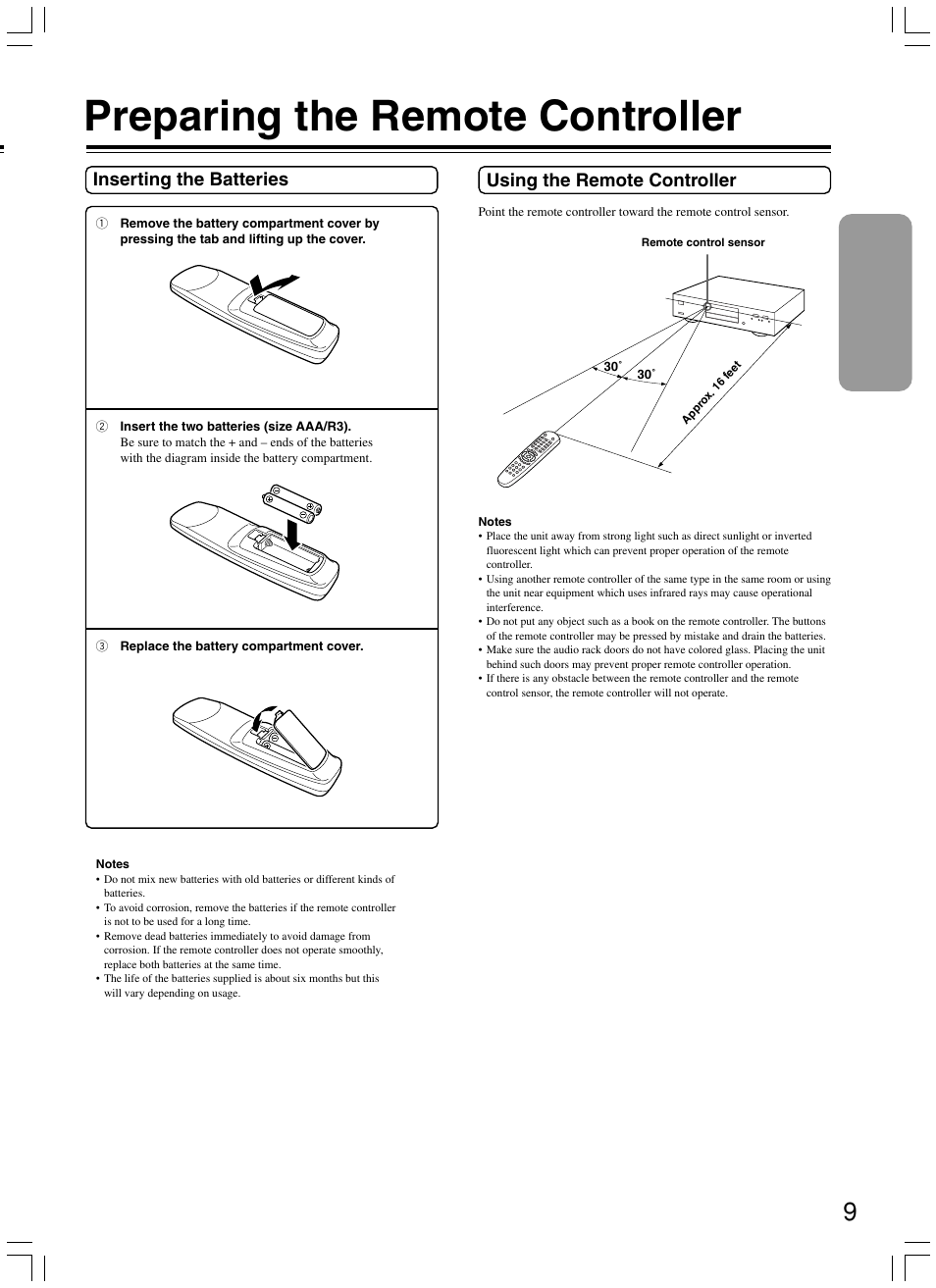 Preparing the remote controller | Onkyo DV-SP300 User Manual | Page 9 / 40