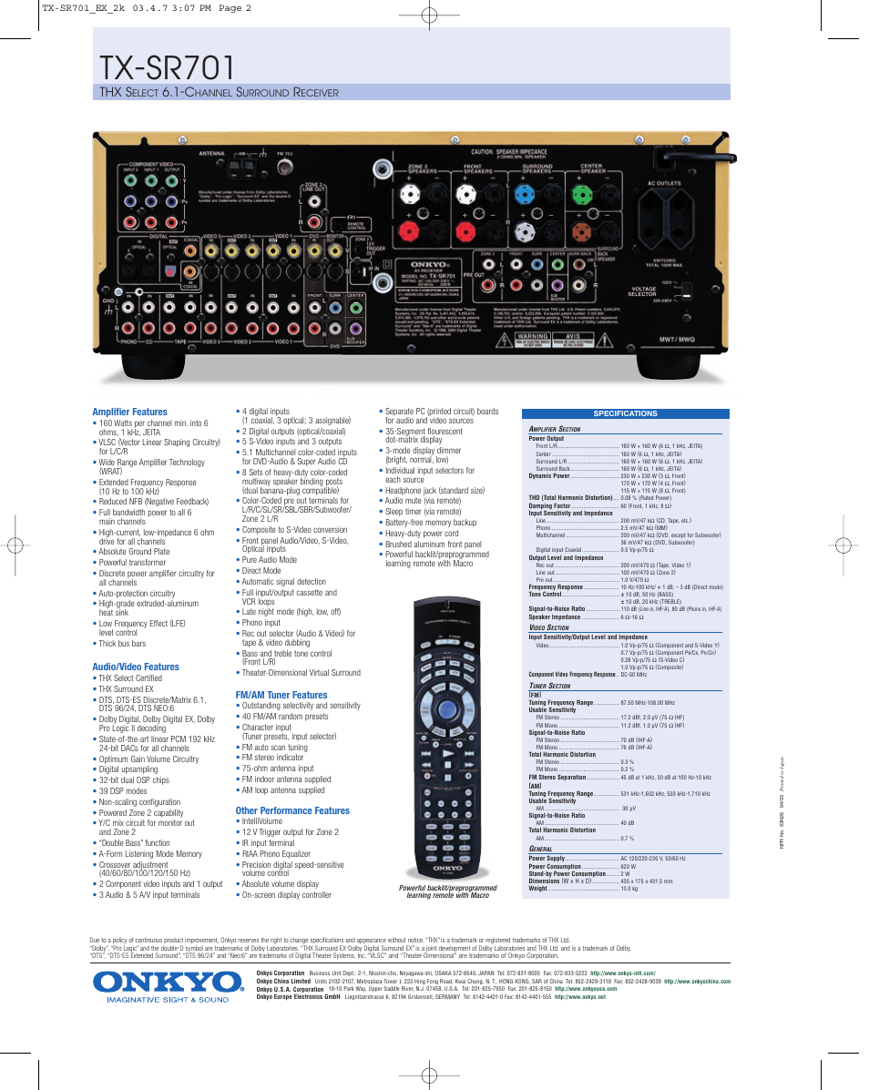 Tx-sr701, Thx s | Onkyo TX-SR701 User Manual | Page 2 / 2