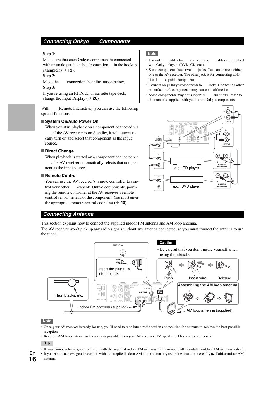 Connecting onkyo u components, Connecting antenna, Connecting onkyo | Connecting onkyo components | Onkyo 29400468 User Manual | Page 16 / 52