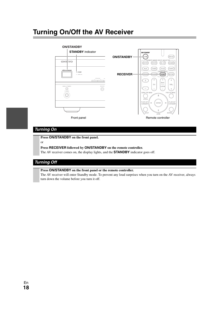 Turning on & basic operations, Turning on/off the av receiver, Turning on | Turning off, Turning on turning off, Cator, Tton | Onkyo 29400468 User Manual | Page 18 / 52