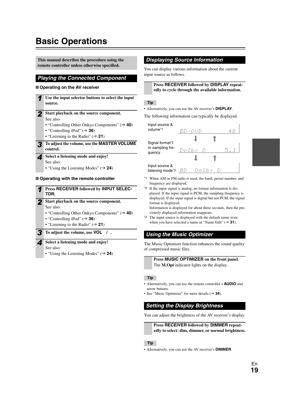 Basic operations, Playing the connected component, Displaying source information | Using the music optimizer, Setting the display brightness, Tton | Onkyo 29400468 User Manual | Page 19 / 52