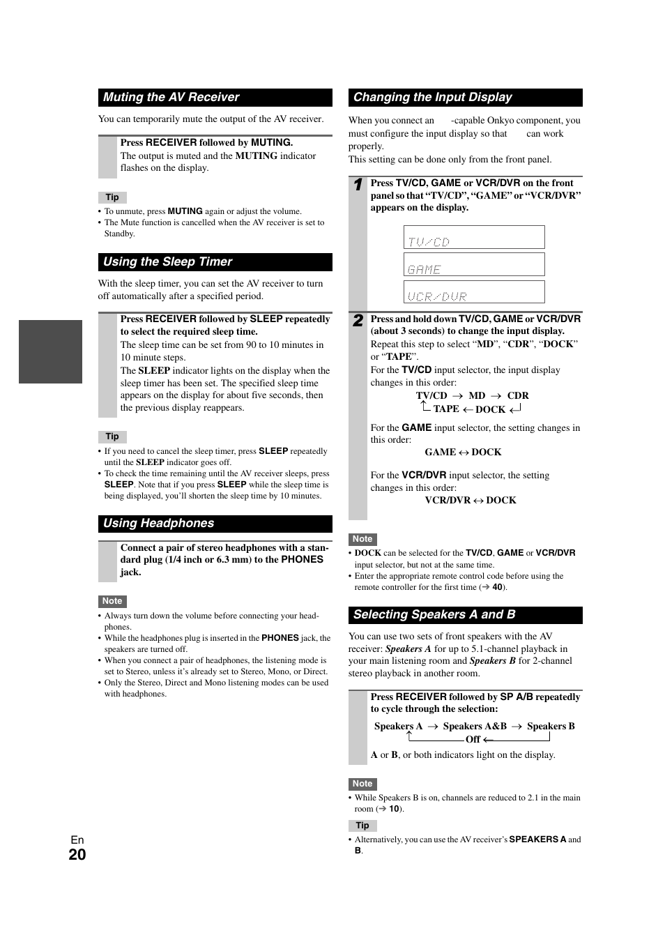 Muting the av receiver, Using the sleep timer, Using headphones | Changing the input display, Selecting speakers a and b, Tton | Onkyo 29400468 User Manual | Page 20 / 52