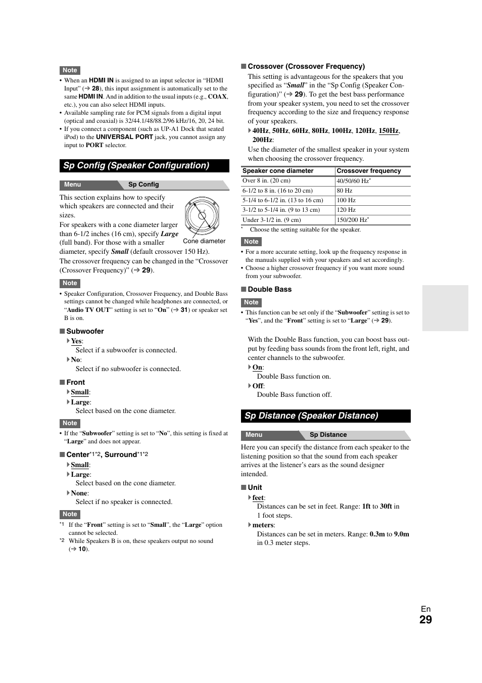 Sp config (speaker configuration), Sp distance (speaker distance), Channel. see “sp config (speaker configuration) | Distance | Onkyo 29400468 User Manual | Page 29 / 52