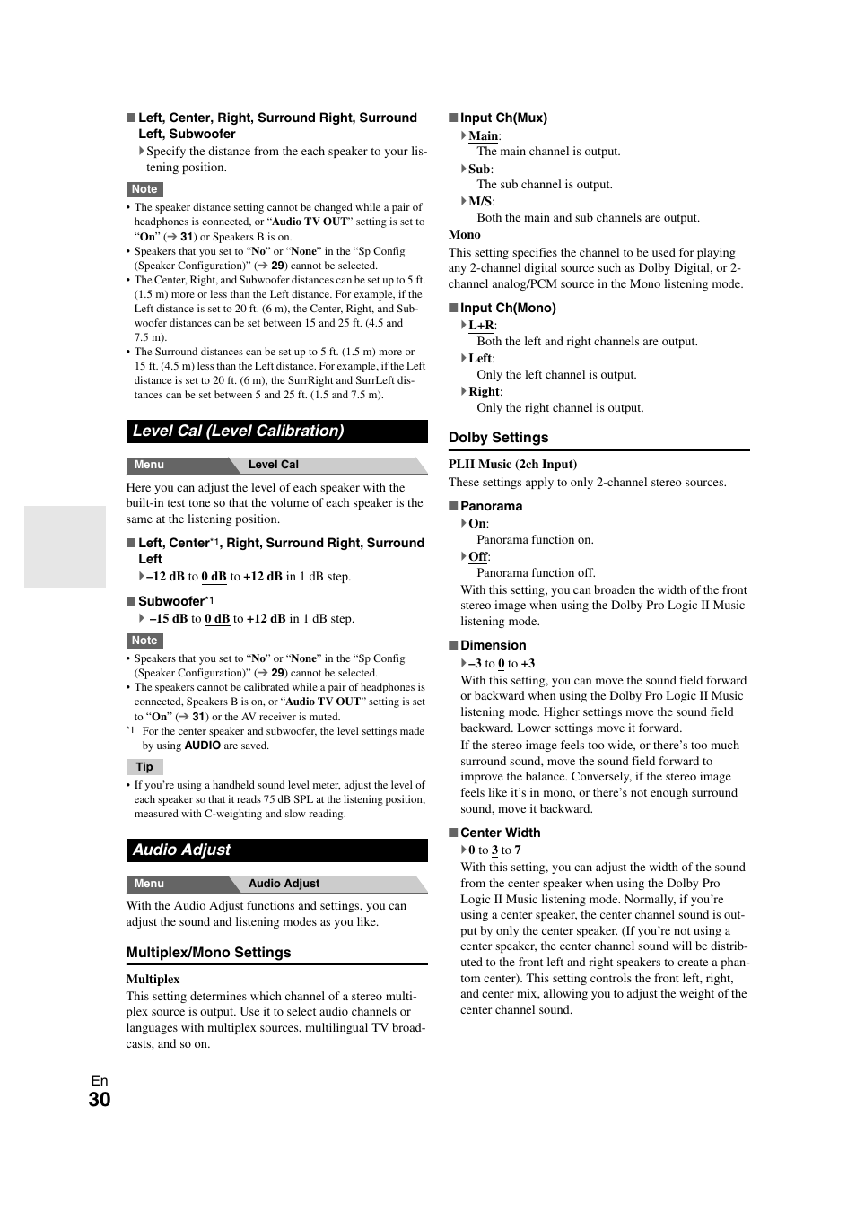 Level cal (level calibration), Audio adjust, Level cal (level calibration) audio adjust | Just | Onkyo 29400468 User Manual | Page 30 / 52
