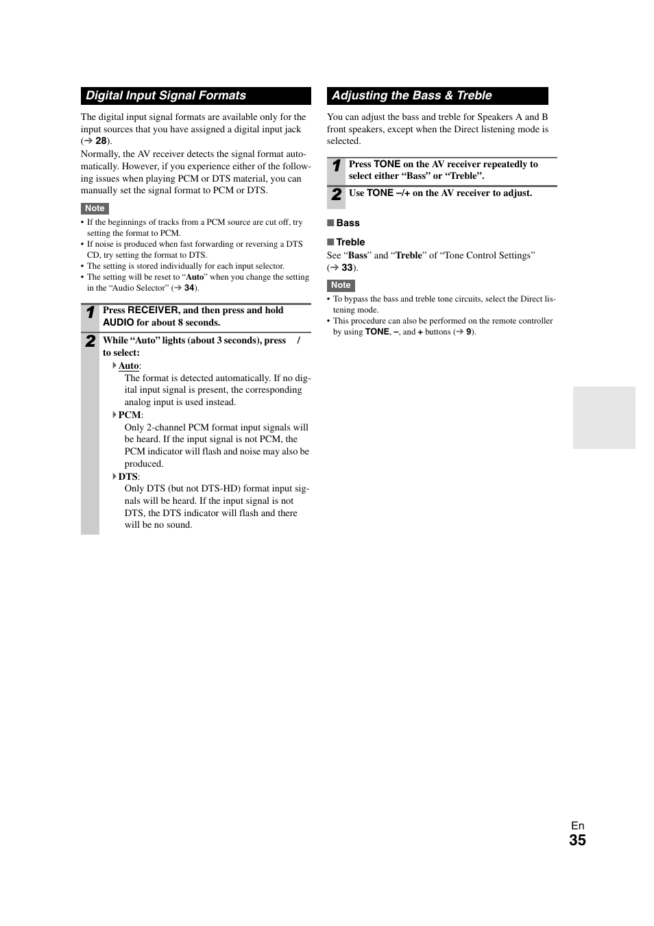 Digital input signal formats, Adjusting the bass & treble | Onkyo 29400468 User Manual | Page 35 / 52