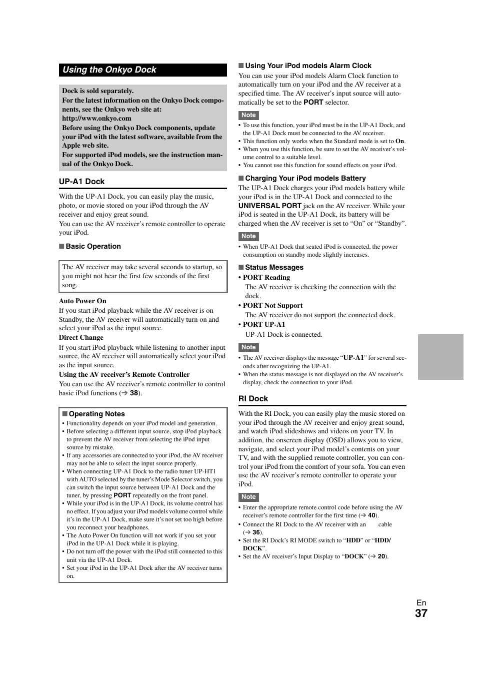 Using the onkyo dock | Onkyo 29400468 User Manual | Page 37 / 52