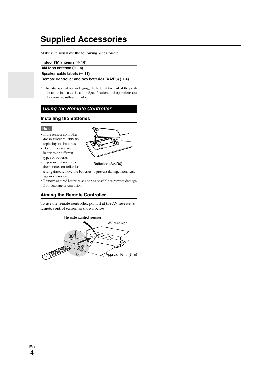 Supplied accessories, Using the remote controller | Onkyo 29400468 User Manual | Page 4 / 52