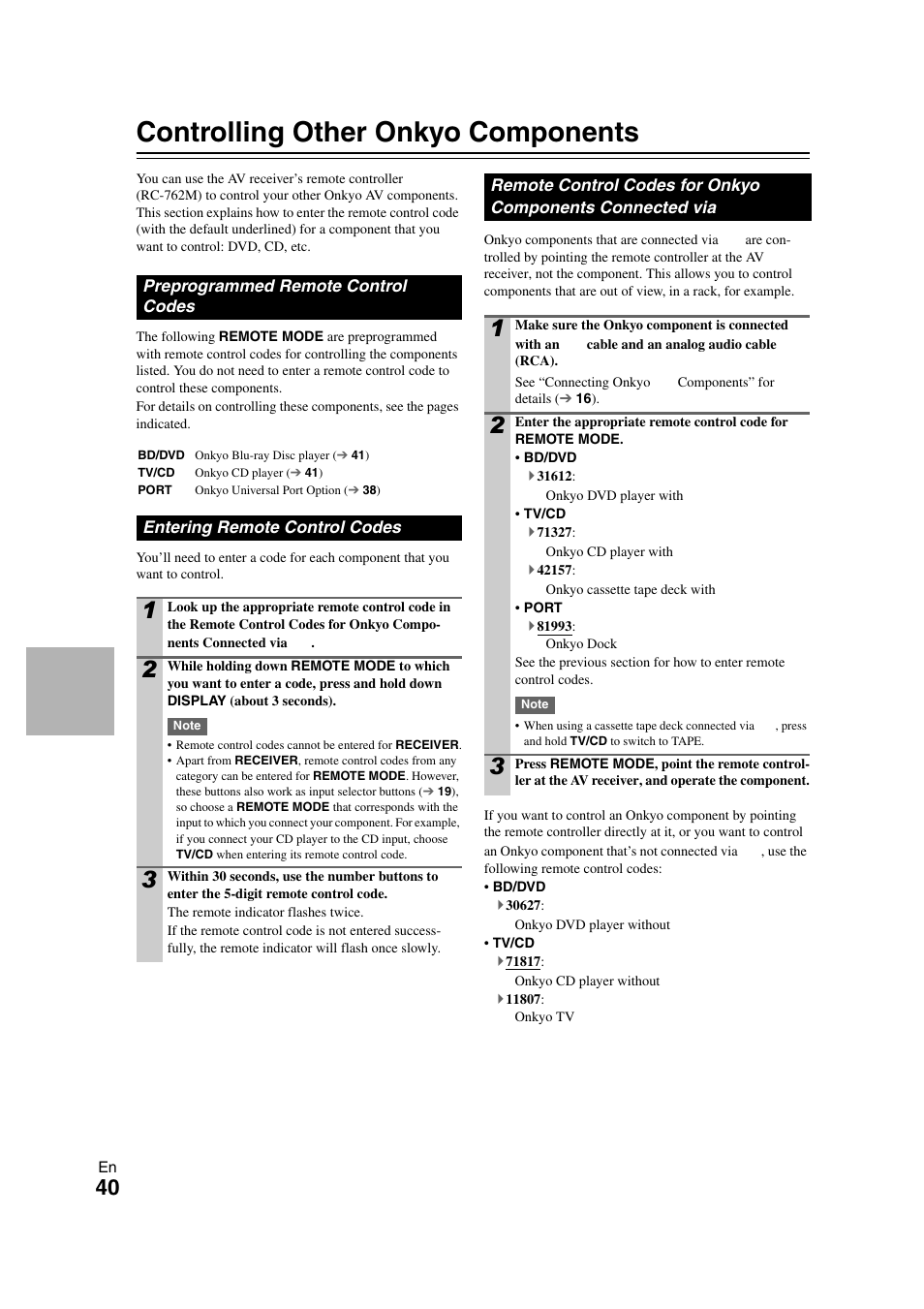 Controlling other onkyo components, Preprogrammed remote control codes, Entering remote control codes | Onkyo components connected via, E “entering remote control codes” f, T time, See “entering remote control codes” for details | Onkyo 29400468 User Manual | Page 40 / 52
