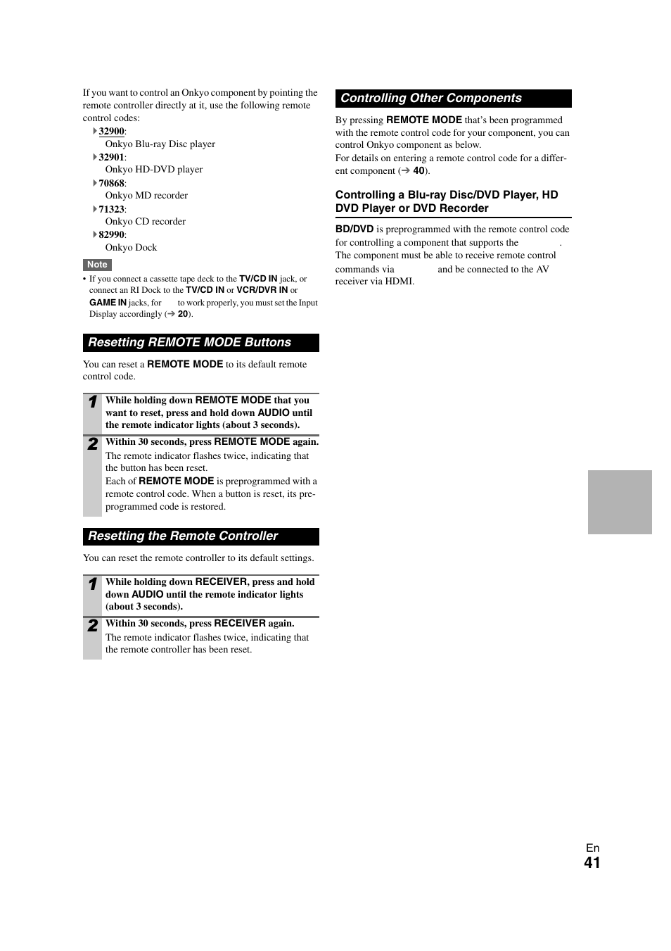 Resetting remote mode buttons, Resetting the remote controller, Controlling other components | Onkyo 29400468 User Manual | Page 41 / 52