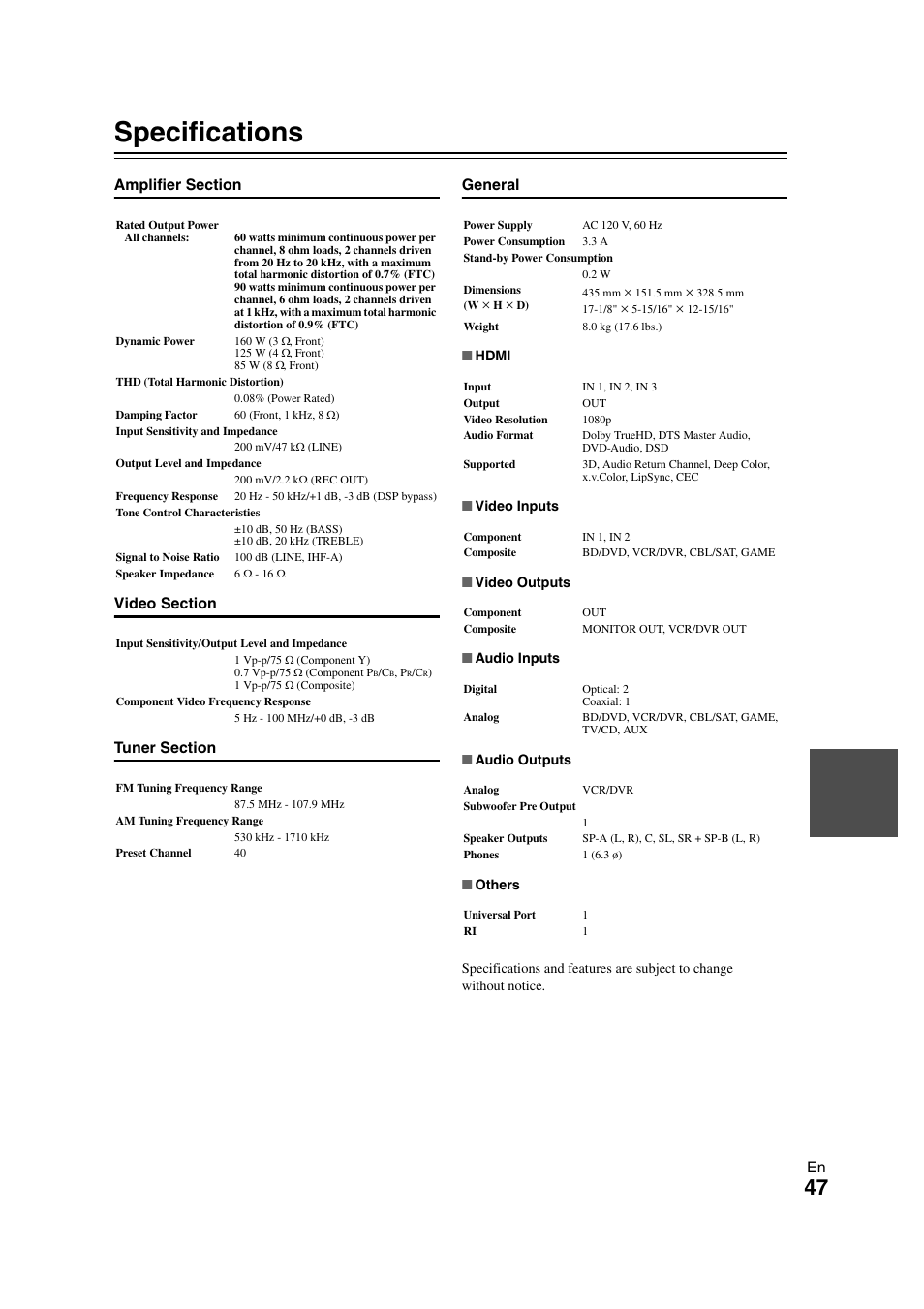 Specifications | Onkyo 29400468 User Manual | Page 47 / 52
