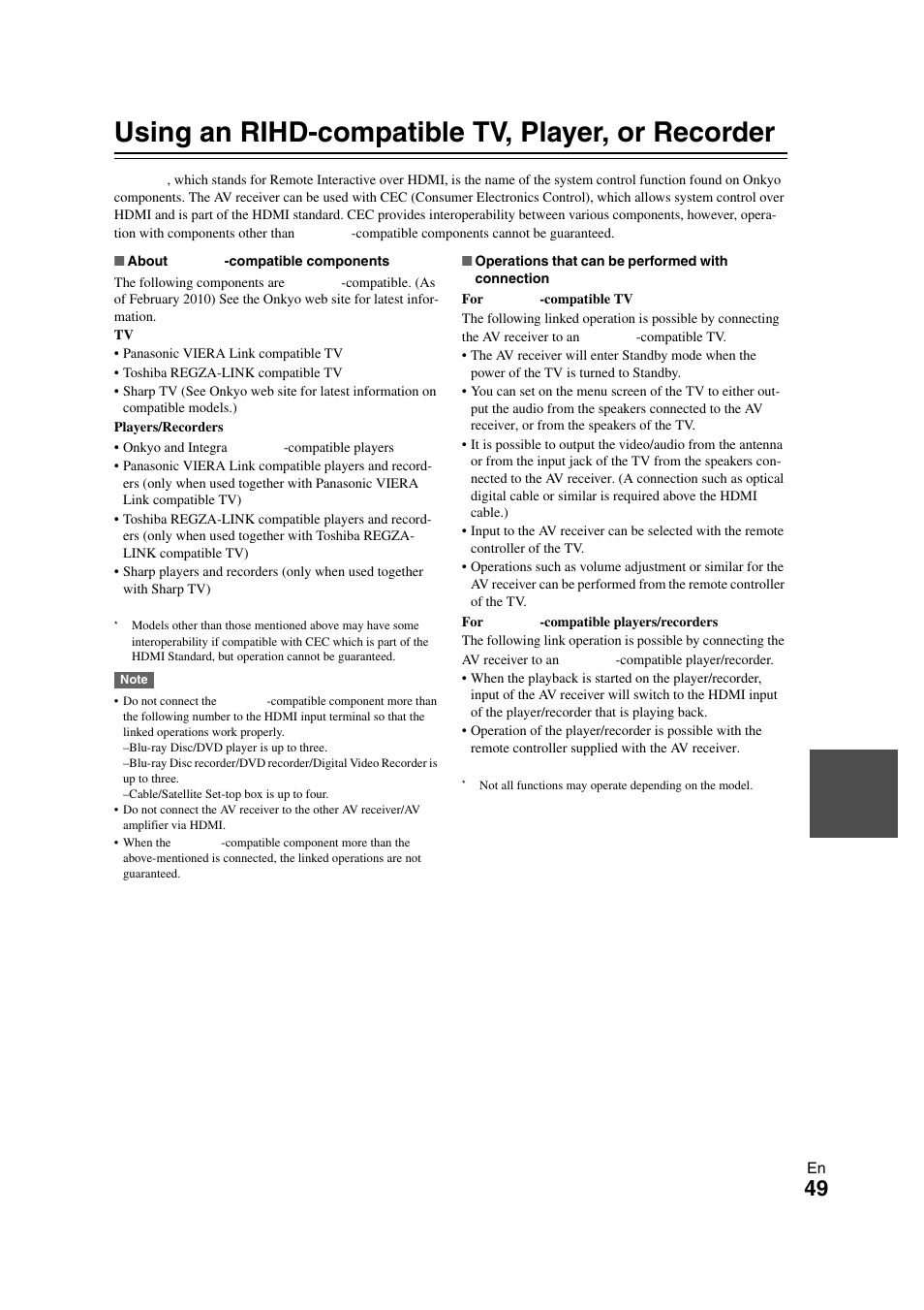 Using an rihd-compatible tv, player, or recorder | Onkyo 29400468 User Manual | Page 49 / 52