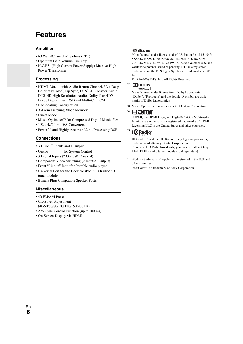 Features | Onkyo 29400468 User Manual | Page 6 / 52