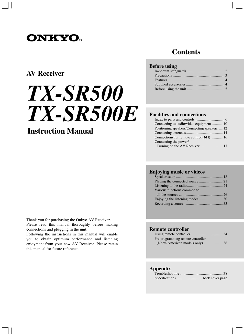 Onkyo TX-SR500E User Manual | 40 pages