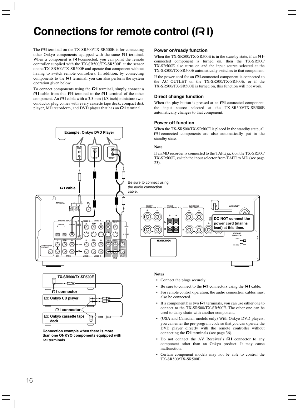 Connections for remote control ( z ), Power on/ready function, Direct change function | Power off function, Remote control, Zcable | Onkyo TX-SR500E User Manual | Page 16 / 40