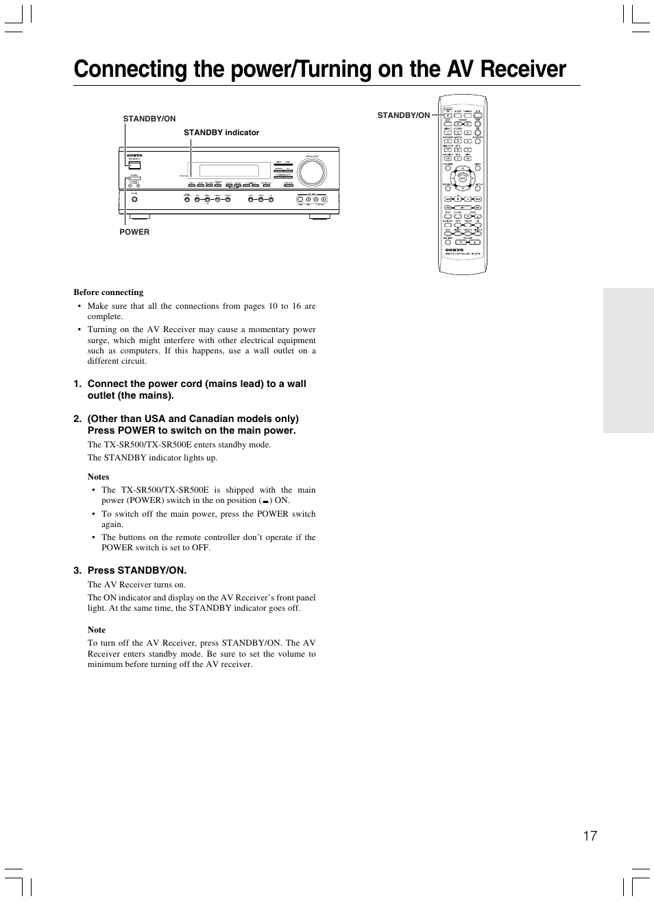 Connecting the power/turning on the av receiver | Onkyo TX-SR500E User Manual | Page 17 / 40