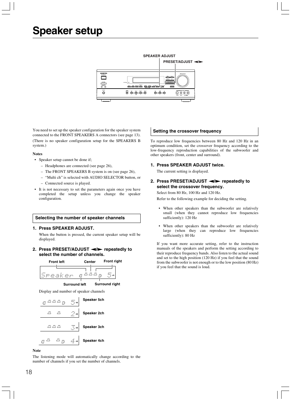Speaker setup | Onkyo TX-SR500E User Manual | Page 18 / 40