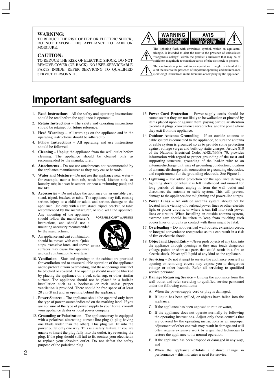 Important safeguards, Warning, Caution | Avis | Onkyo TX-SR500E User Manual | Page 2 / 40