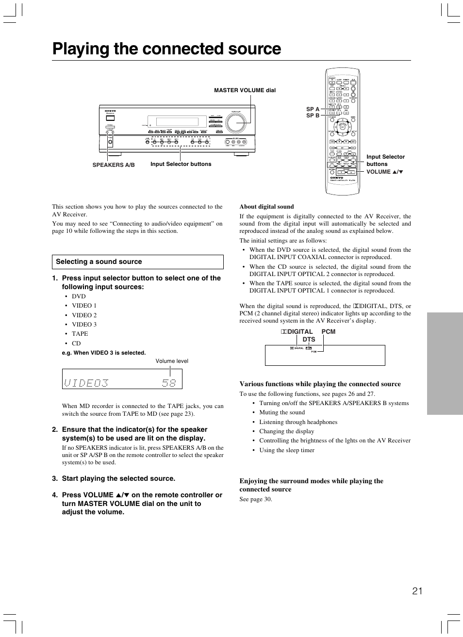 Playing the connected source | Onkyo TX-SR500E User Manual | Page 21 / 40