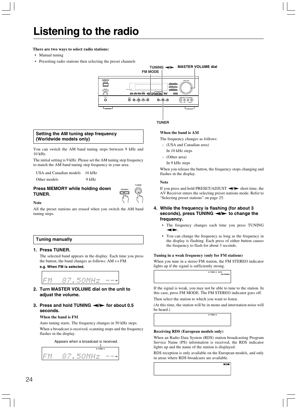Listening to the radio | Onkyo TX-SR500E User Manual | Page 24 / 40