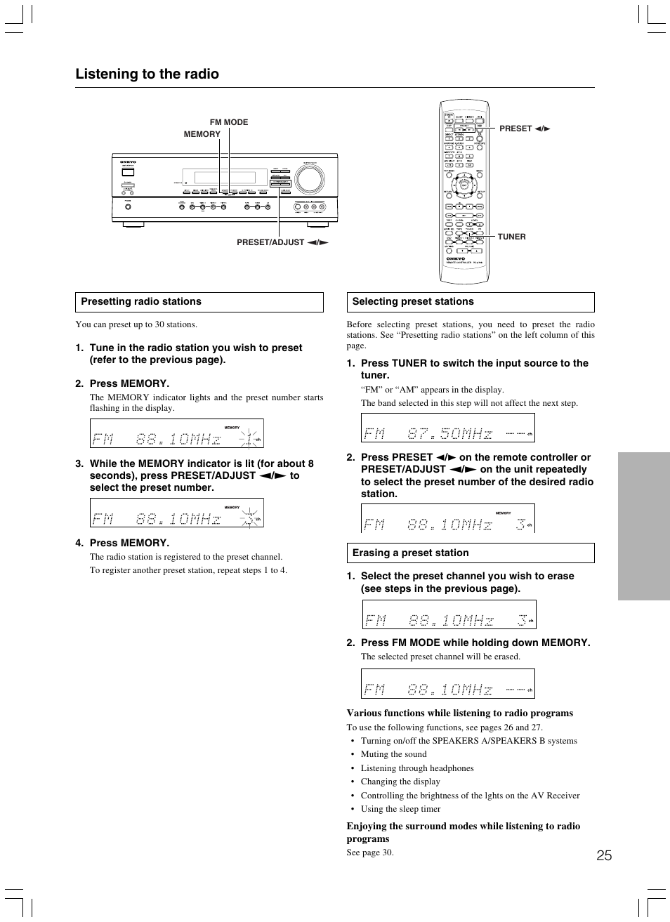 Listening to the radio | Onkyo TX-SR500E User Manual | Page 25 / 40